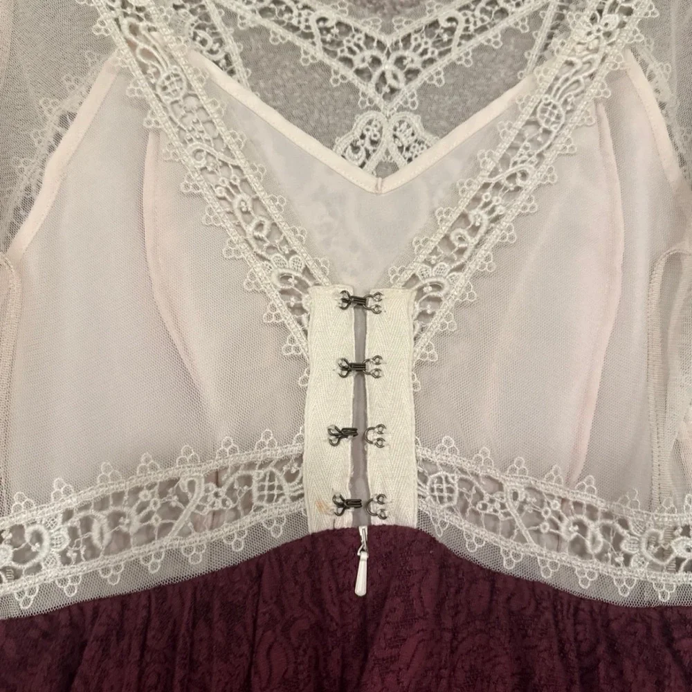 Free People Cream and Burgundy Long Sleeve Dress xs 2 Victorian lace Victoria - Picture 7 of 7